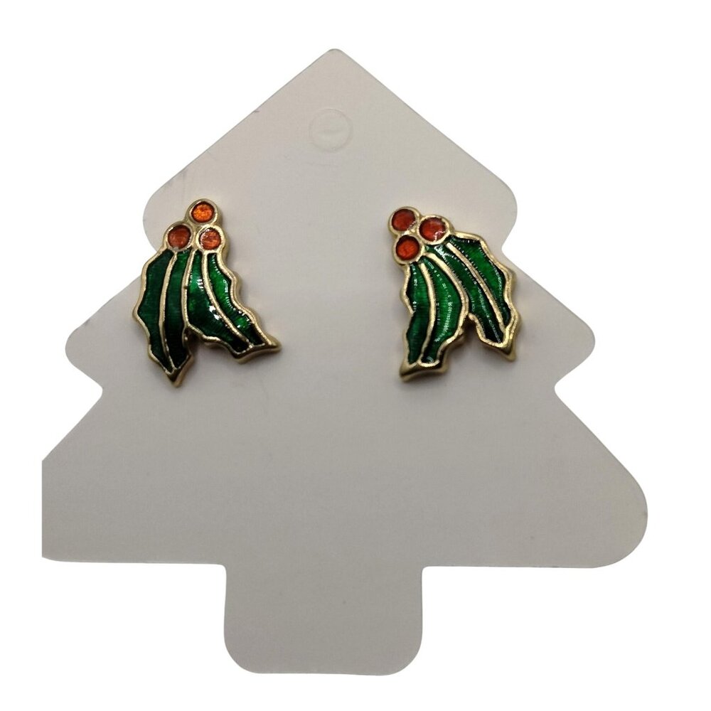 Holiday Holly Leaf Stud Earrings Green Gold Tone